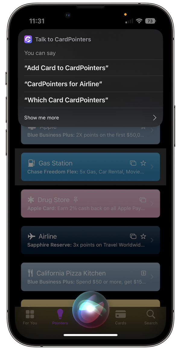 CardPointers iOS 16 App Shortcuts Screenshot 2