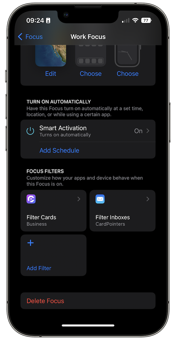 CardPointers iOS 16 Focus Filters Screenshot 1