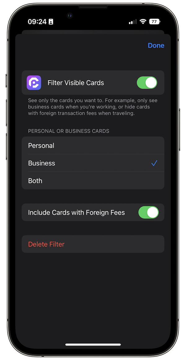 CardPointers iOS 16 Focus Filters Screenshot 2