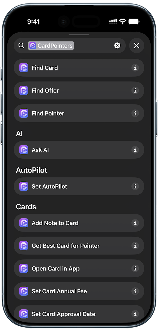 CardPointers shortcuts screenshot 2